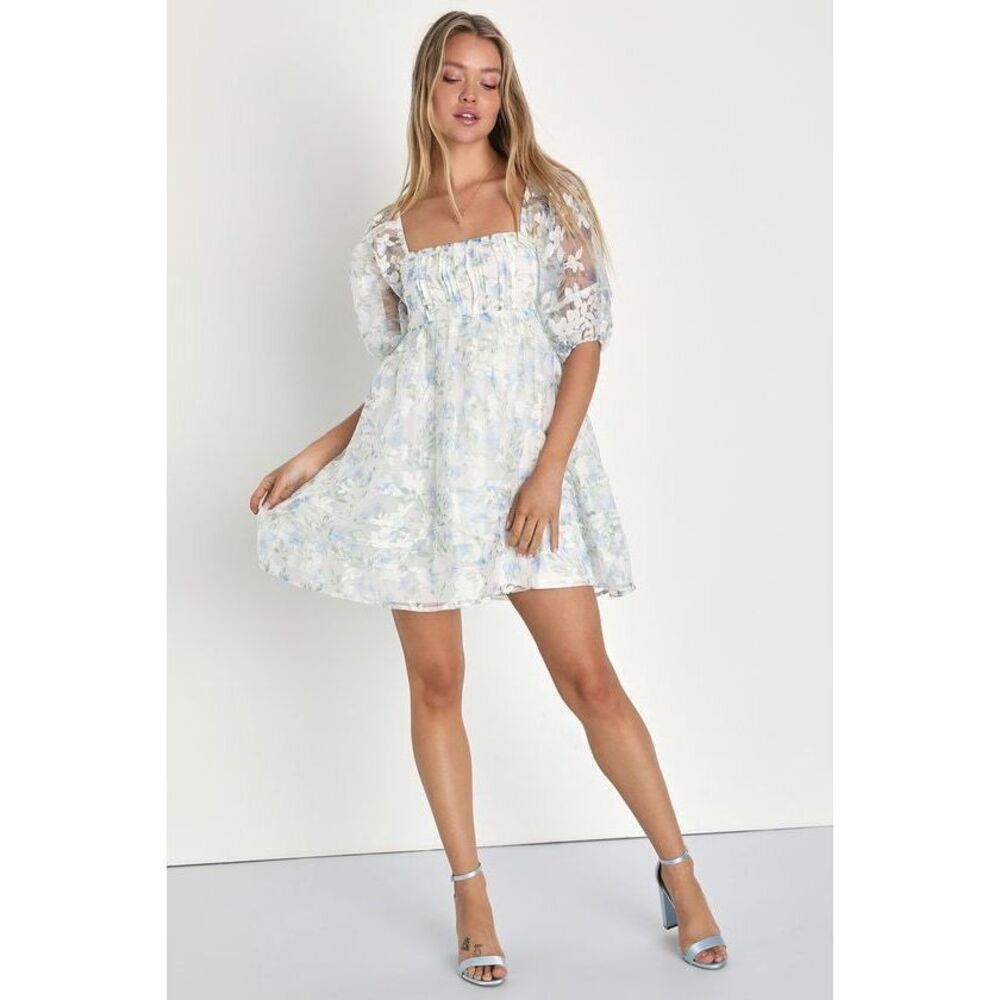 Lulus Sincerely A Sweetie Ivory Floral Puff Sleeve Babydoll Mini Dress White
